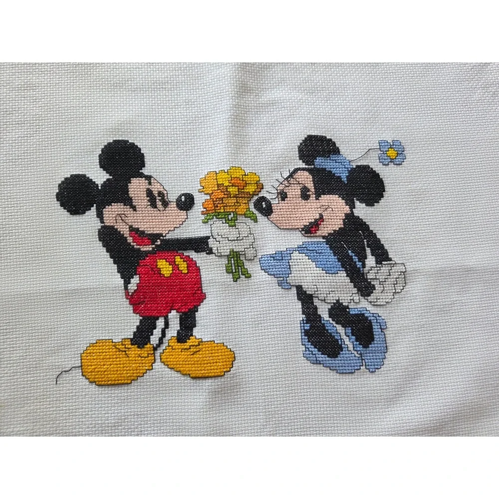 Vintage Disney Mickey Minnie Mouse Cross Stitch Set of 2 Finished, Unframed